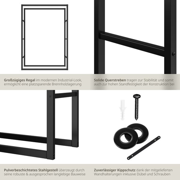 Collage eines schwarzen, pulverbeschichteten Kaminholzregals aus Stahl im Industrial-Look mit Details zu Querstreben und Kippschutz-Set.