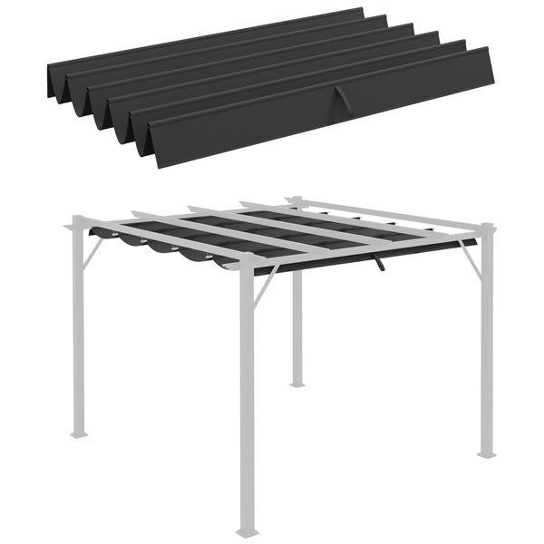 Faltsonnensegel als Ersatzdach für Pergola aus Stoff in Anthrazit, einzeln und montiert an einem Gestell.