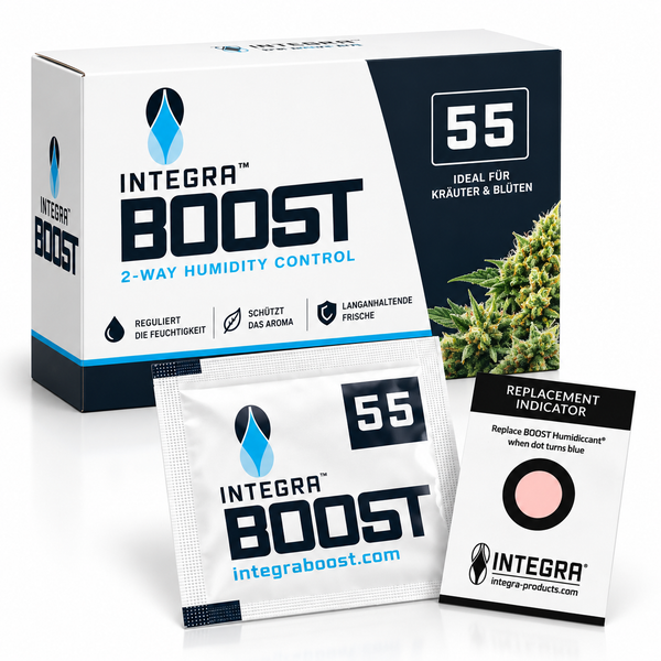 Integra Boost 55 Prozent Feuchtigkeitsregulierungsset mit Beutel und Indikatorkarte zur Aufbewahrung von Kräutern und Blüten.