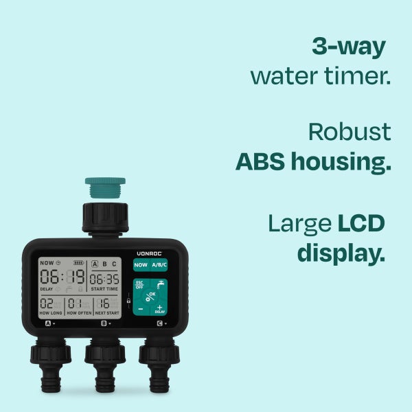 3-Wege-Bewässerungsuhr mit robustem ABS-Gehäuse und großem LCD-Display für die Gartenbewässerung.