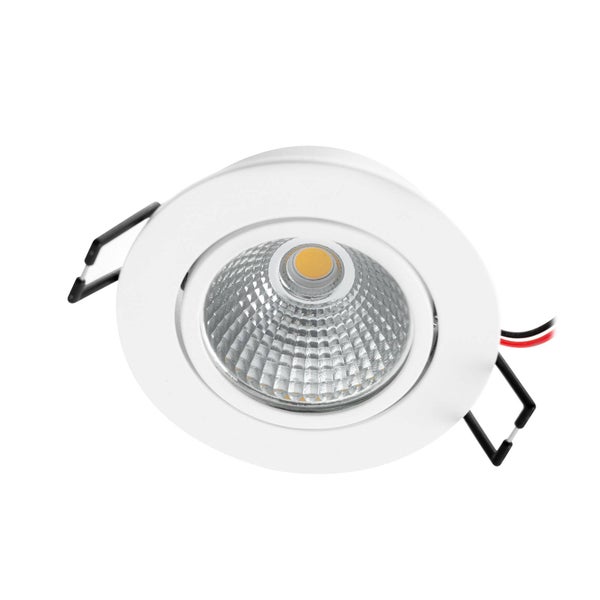 Runder LED-Einbaustrahler in Weiß mit Befestigungsfedern und Kabelanschluss.