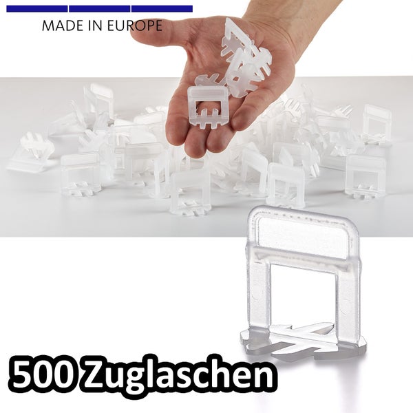 BigDean 500 Laschen 1,5mm - Fliesen Nivelliersystem - Frei wählbar - Riesen Auswahl an Fliesenkeilen & Zuglaschen - Verlegehilfe Fliesenleger Set - Made in Europe
