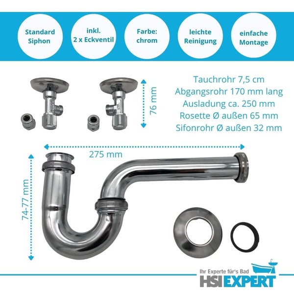 Standard Siphon inklusive zwei Eckventile, Rosette und Dichtring mit Maßangaben
