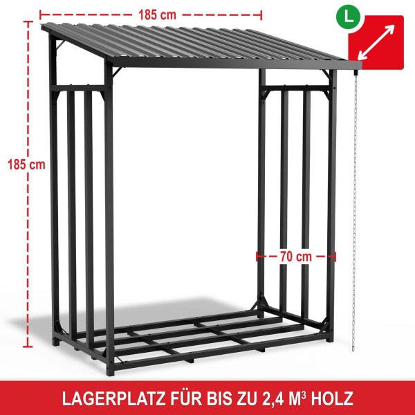 Kaminholzregal aus Metall mit Pultdach, 185 mal 185 mal 70 Zentimeter, Lagerplatz für bis zu 2,4 Kubikmeter Holz.