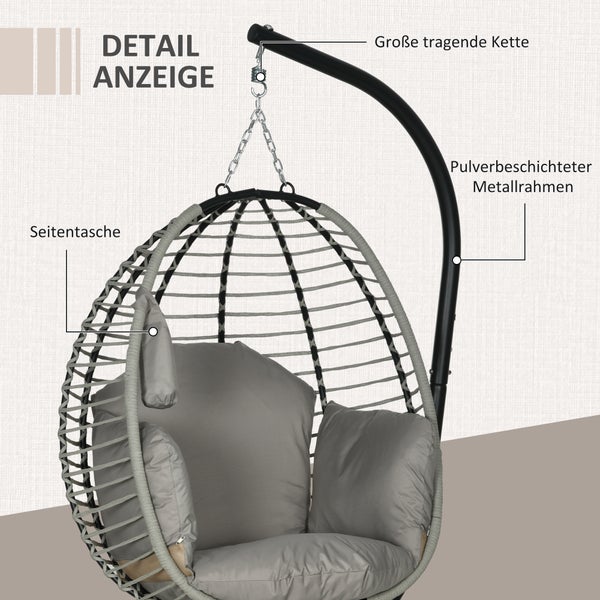Detailansicht eines Hängesessels mit pulverbeschichtetem Metallrahmen, tragender Kette und Seitentasche.