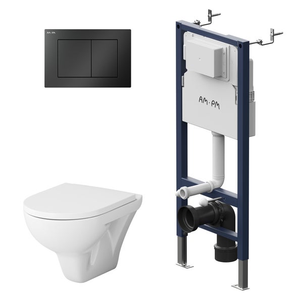 AM.PM Wand-WC Set Tiefspüler offener Spülrand weiß glänzend mit WC-Sitz , Vorwandelement und Betätigungsplatte schwarz IIS90238.TA1700