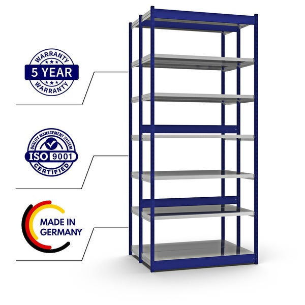PROREGAL Fachbodenregal Stecksystem Vierkant-Profil Grundregal HxBxT 300 x 132,5 x 40 cm 2x7 Ebenen Doppelseitige Bauart Fachlast 200 kg Enzianblau