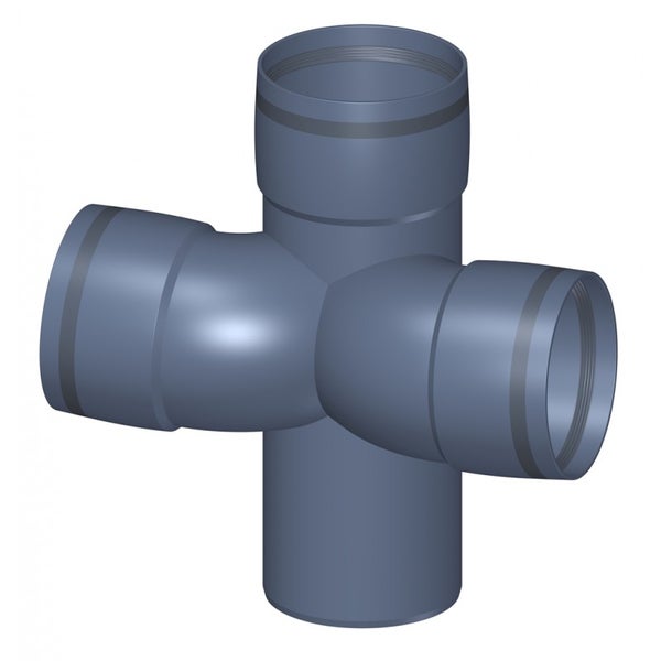 Grauer HT-Doppelabzweig aus Polypropylen für Abwasserrohre, 90 Grad Winkel.