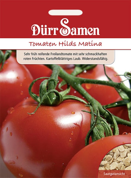 Samentüte für Tomaten Hilds Matina, Dürr Samen Logo, mit Abbildung von roten Tomaten an der Rispe und Detailansicht der Samen.