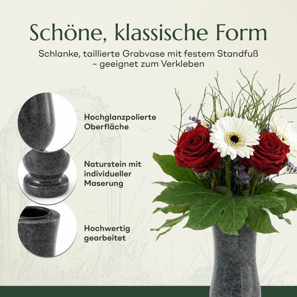 Schlanke Grabvase aus Naturstein mit hochglanzpolierter Oberfläche und festem Standfuß, geeignet zum Verkleben.