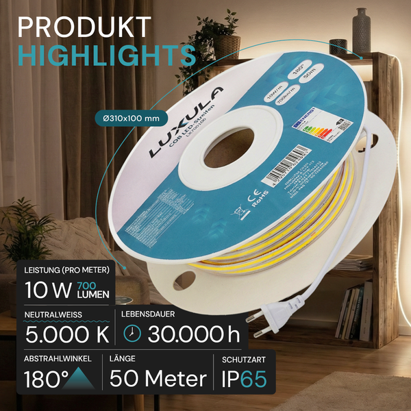 Luxula COB LED-Streifen auf Spule, 50 Meter, neutralweiß 5000 Kelvin, 10 Watt pro Meter, 700 Lumen, Schutzart IP65, Abstrahlwinkel 180 Grad.
