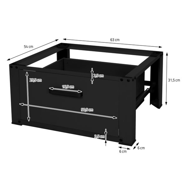 ML-Design Waschmaschinen Untergestell mit Schublade 63x54cm Stahl Schwarz bis 150kg, Waschmaschinen-Unterschrank, Stabiler Waschmaschinensockel, H=31,5cm Podest Erhöhung Unterbau Trockner/Kühlschrank