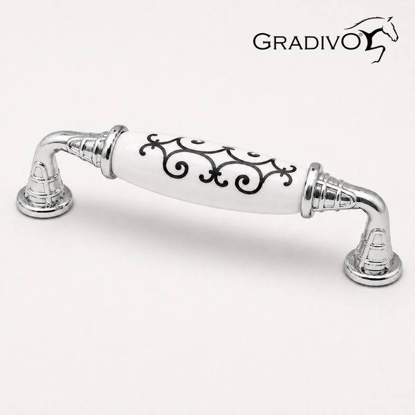 Möbelgriff aus Metall und Keramik mit schwarzem Ornamentmuster. Gradivo Logo.
