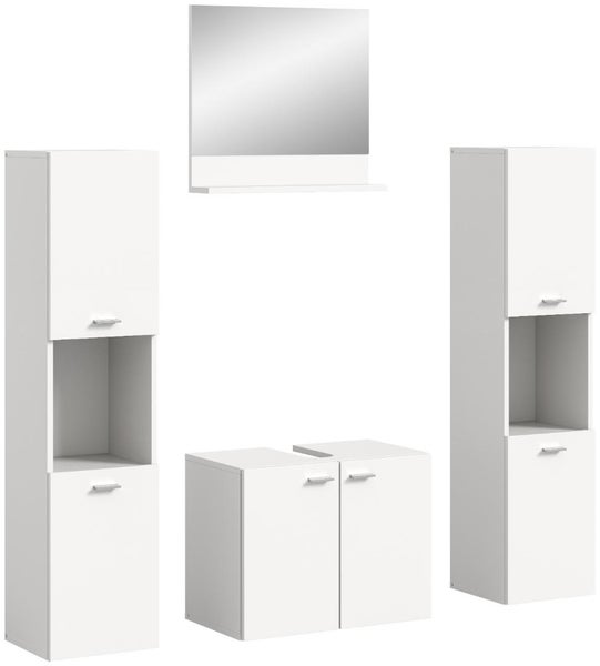 Modernes Badmöbel-Set in Weiß, bestehend aus einem Waschbeckenunterschrank, einem Spiegel mit Ablage und zwei Hochschränken.