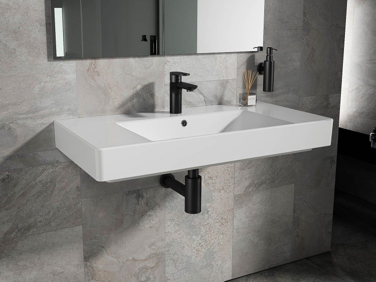 Aqua Bagno Quadra Soft Waschbecken KP.90 – 91 x 45,5 cm – Weiß Hochglanz – Keramikbecken mit Hahnloch & Überlauf