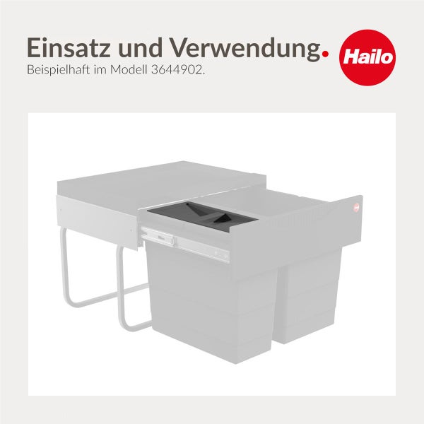Illustration eines Hailo Abfalltrennsystems im ausgezogenen Zustand zur Veranschaulichung der Anwendung. Hailo Logo.