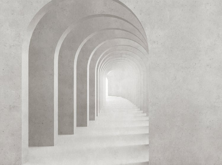 Fototapete mit dreidimensionalem Architekturmotiv, Darstellung eines langen Bogengangs in Betonoptik, helle und weitläufige Raumwirkung.