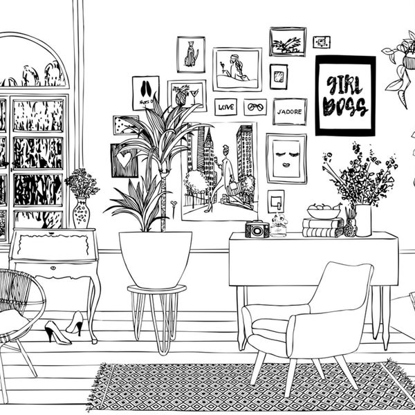 Illustration eines Zimmers mit Möbeln, Dekorationen und Pflanzen