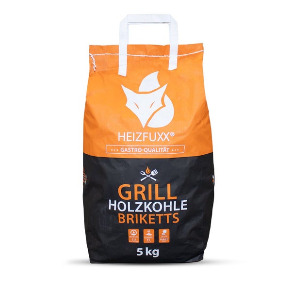Heizfuxx Grill Holzkohlebriketts in 5 Kilogramm Papiersack für Gastronomiequalität mit 3,5 Stunden Brenndauer.