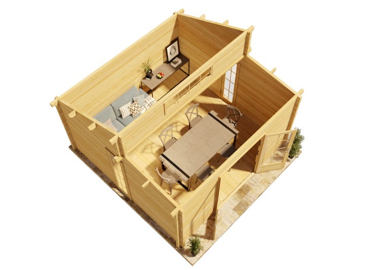 Innenansicht eines zweistöckigen Gartenhauses mit Möbeln