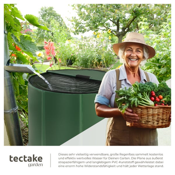 Regentonne im Garten mit Wasserzulauf und lächelnder Frau mit Gemüsekorb, tectake Garden