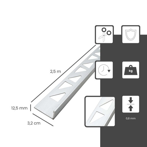 Fliesenprofil aus Metall mit Lochung, Länge 2,5 Meter, Höhe 12,5 Millimeter, Materialstärke 0,8 Millimeter. Leicht zu kürzen und schnell montiert.