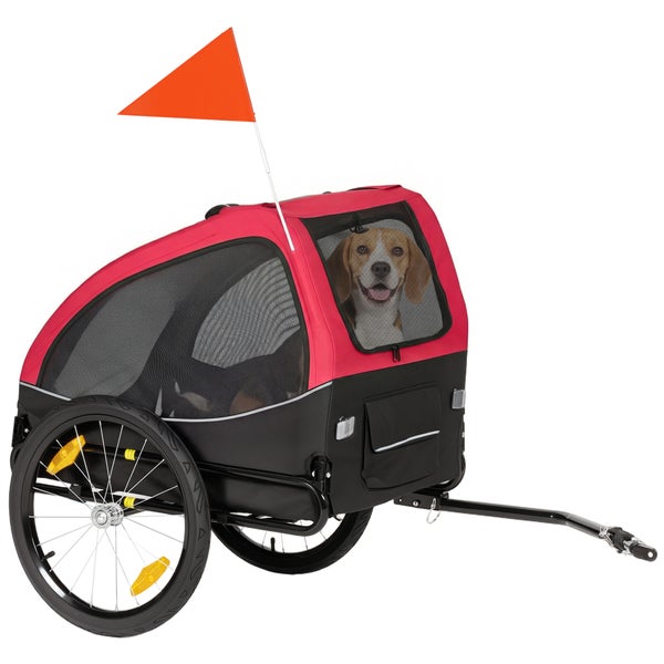Fahrradanhänger für Hunde mit Netzeinsätzen, Sicherheitsfahne und Reflektoren.