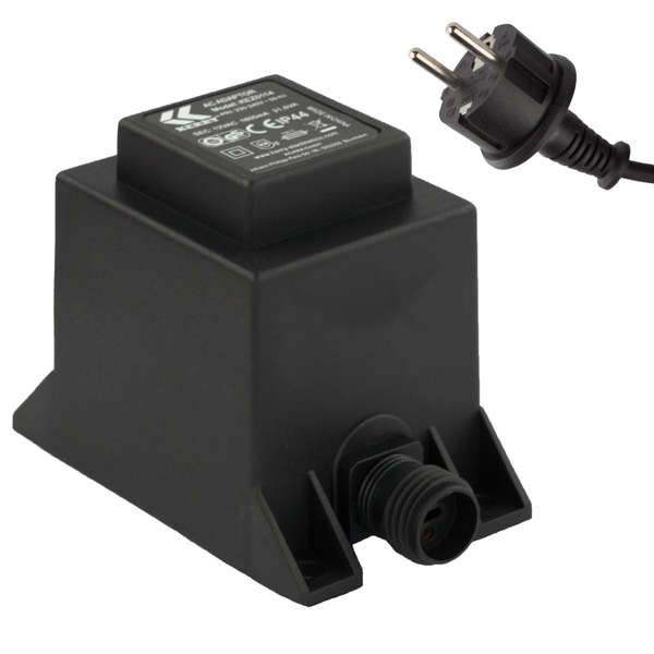 Kerry Transformator für den Außenbereich, Schutzart IP44, Kunststoffgehäuse mit Netzstecker und Schraubanschluss.