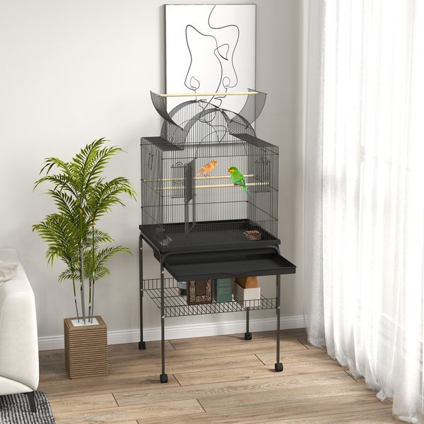 PawHut Vogelkäfig Wellensittichkäfig mit Tablett, Ablagefläche, Futternapf, Papagei Käfig mit Rollen für Wellensittich, Kanarien, Nymphensittich, Stahl 63 x 53 x 144 cm Schwarz