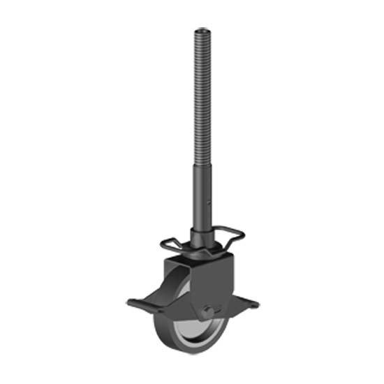 Lenkrolle für Gerüste mit Gewindespindel und Feststeller aus Metall.