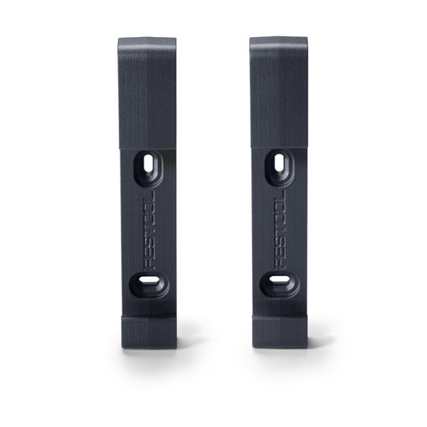 Zwei Festool Kunststoff-Clips mit zwei Befestigungsschlitzen und dem Festool Logo.