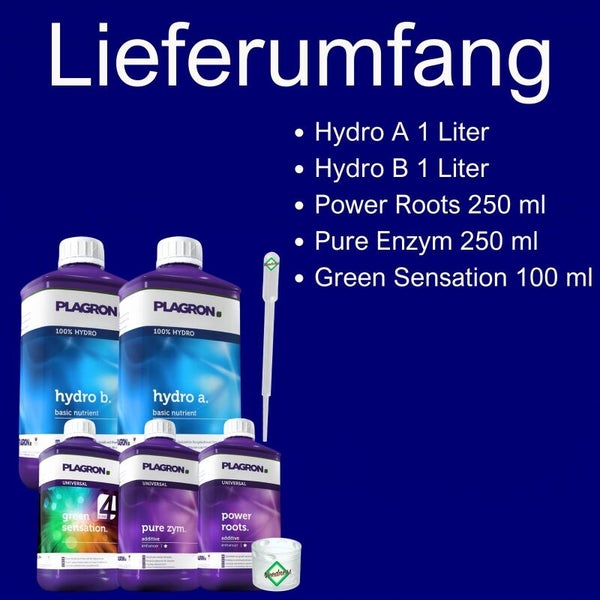 Plagron Düngemittel Set mit Hydro A, Hydro B, Power Roots, Pure Enzym und Green Sensation
