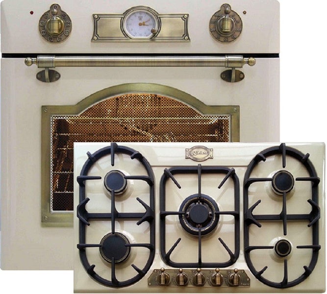 Einbau-Backofen mit Gaskochfeld im Retro-Design mit bronzefarbenen Bedienelementen und analoger Uhr.