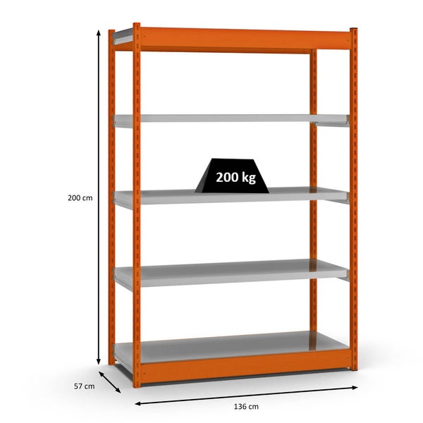PROREGAL Fachbodenregal Stecksystem Vierkant-Profil Grundregal HxBxT 200 x 132,5 x 50 cm 5 Ebenen Einseitige Bauart Fachlast 200 kg Orange