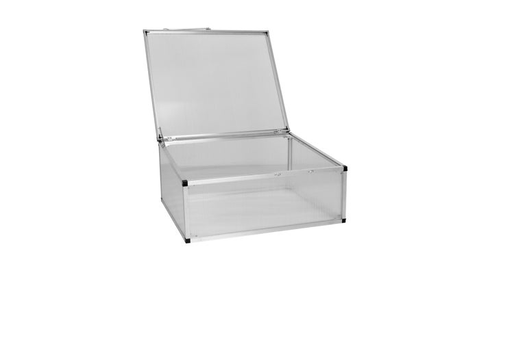 Frühbeet aus Aluminium mit transparenten Hohlkammerplatten und geöffnetem Deckel.