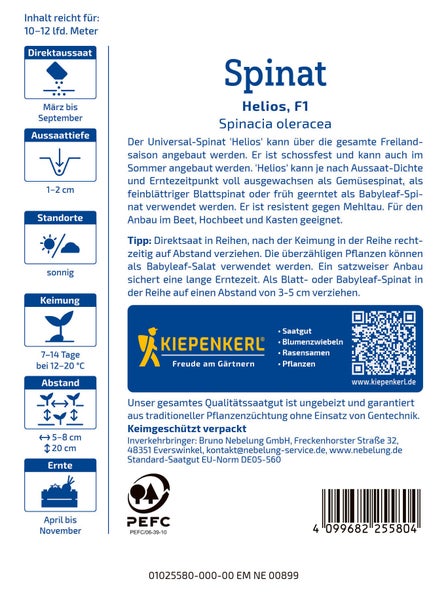 Saatgut für Spinat Helios F1 von Kiepenkerl mit Informationen zu Aussaat, Keimung und Erntezeit.