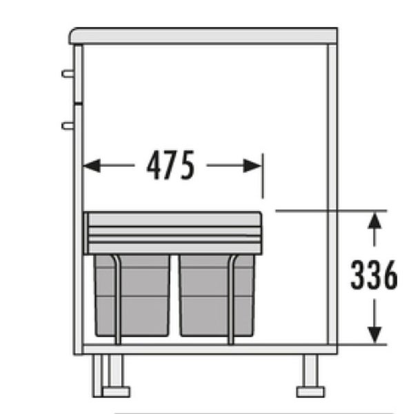 Technische Zeichnung eines Unterschranks mit zwei Abfallbehältern und Maßangaben: 475 mm Breite und 336 mm Höhe.
