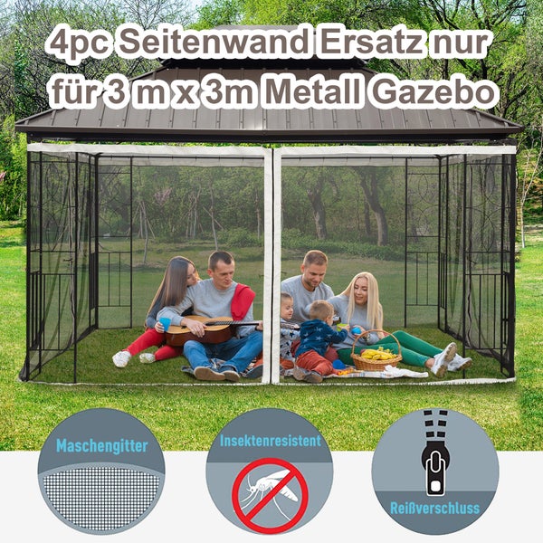 Outsunny Moskitonetz für 3x3 Pavillon, 4 Seitenteile Fliegennetz mit Haken, 302L x 207H cm, Nylon-Mesh, Schwarz