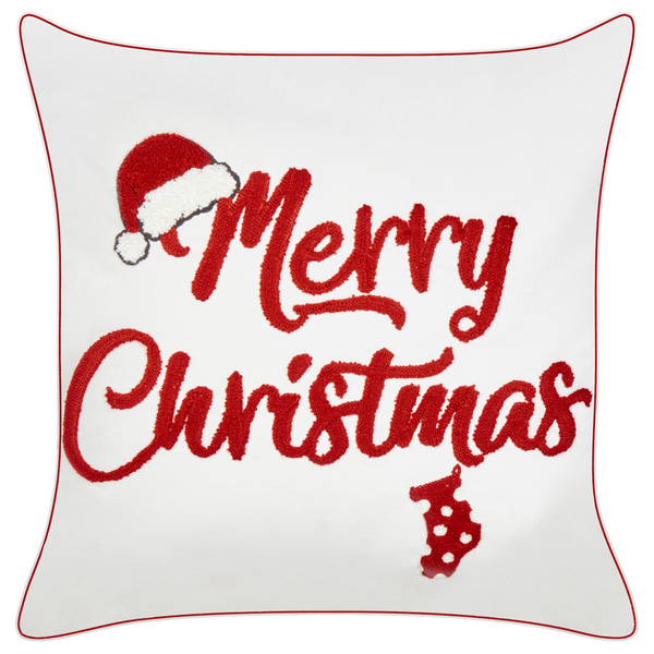 Quadratisches Weihnachtskissen mit Merry Christmas Stickerei und Weihnachtsmannmütze