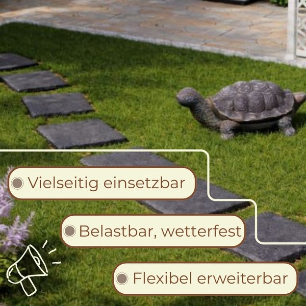 Trittsteine im Garten auf einer Rasenfläche neben einer Schildkrötenfigur. Vielseitig einsetzbar, belastbar, wetterfest und flexibel erweiterbar.
