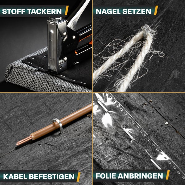 Vierer-Split-Bild zeigt die Verwendung eines Tackergerätes zum Befestigen von Stoff, das Setzen eines Nagels, das Befestigen eines Kabels und das Anbringen einer Folie.