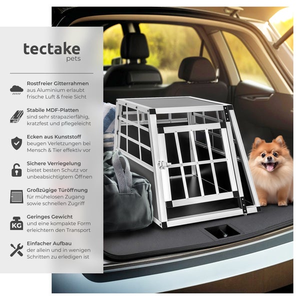 Aluminium Hundebox von tectake im Kofferraum mit Hund