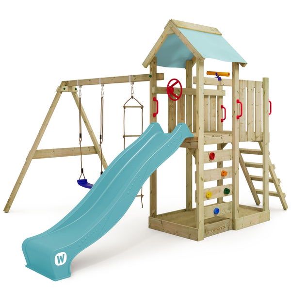 WICKEY Spielturm Klettergerüst MultiFlyer mit Schaukel und Rutsche, Kletterturm mit Sandkasten, Leiter und Spiel-Zubehör – pastellblau