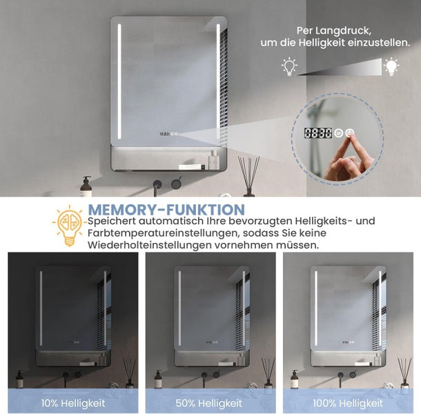 LED Badezimmerspiegel mit Ablage, Touch-Steuerung, Dimmfunktion und Memory-Funktion zur Speicherung der Helligkeit und Farbtemperatur.