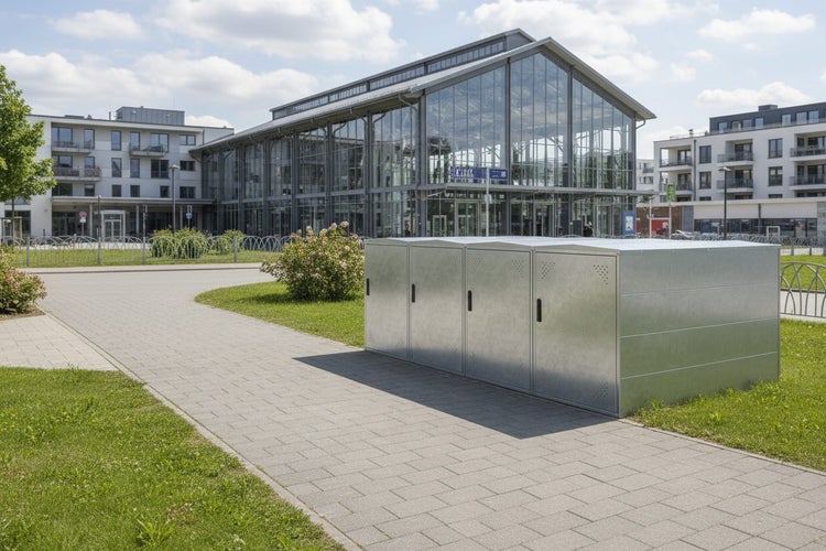 Fahrradboxen aus Metall vor einem Bahnhofsgebäude