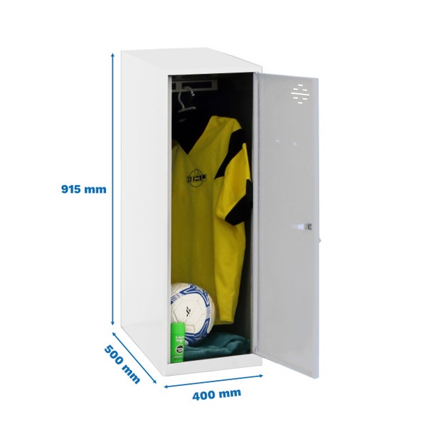 Metall-Garderobenschrank mit offener Tür und Inhaltsanzeige mit den Maßen 915 mm x 500 mm x 400 mm