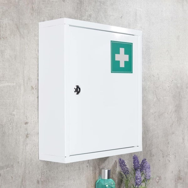 JUNG Tarmo Medizinschrank, abschließbar, groß 32x36 cm, Medikamentenschrank aus Metall, Weiß, Hausapotheke Box mit Erste-Hilfe Kennzeichnung gemäß DIN 4844/E003