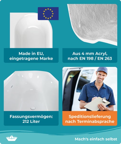 Calmwaters Vorwand-Badewanne 160x75 cm Komplettset Seamless Comfort, fugenloses Design, vormontiert mit Schürze & Ablaufgarnitur, Acryl, Made in EU, 02SL6221
