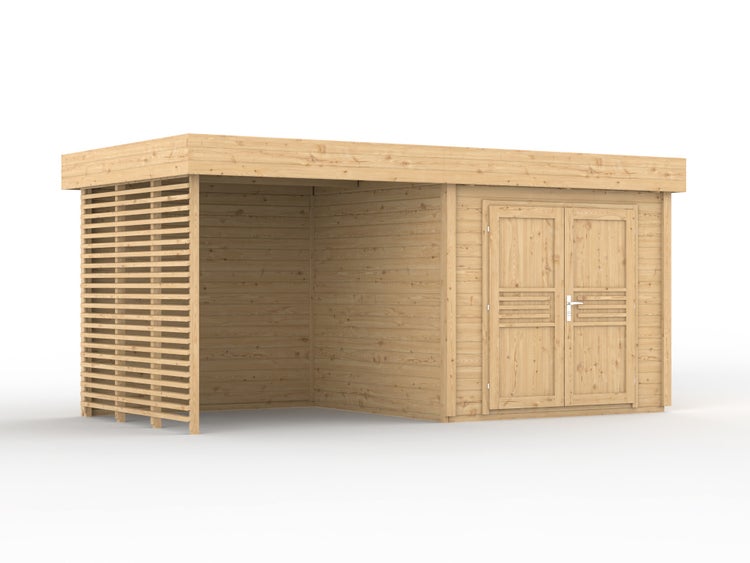 Gartenhaus aus Holz mit Flachdach, Doppeltür und offenem Anbau mit Lamellenwand.