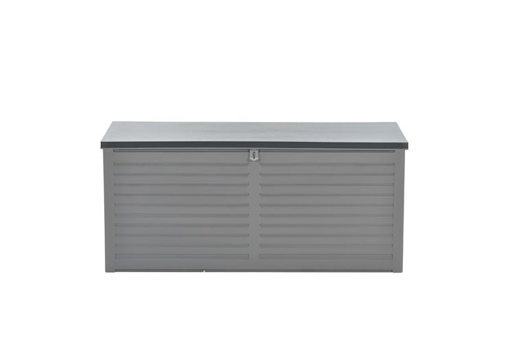 Graue Gartenbox aus Kunststoff mit horizontalen Lamellen und flachem Deckel.
